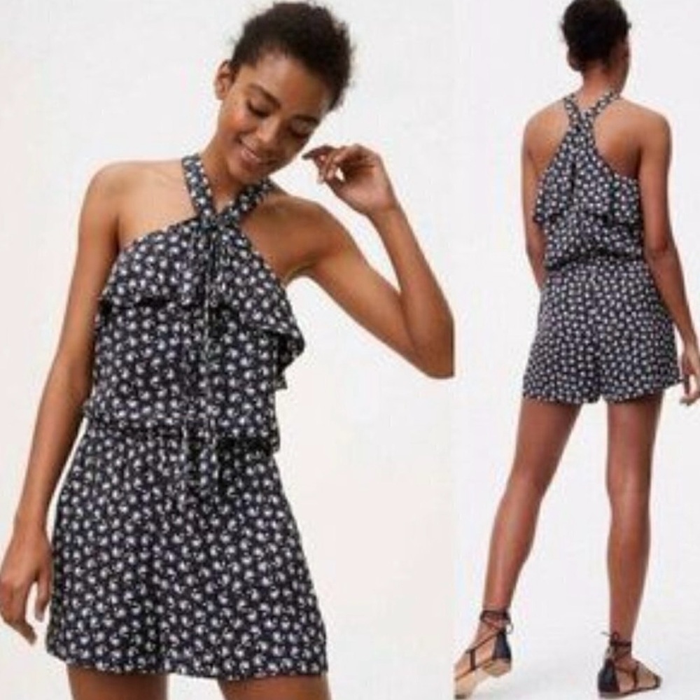 Ann Taylor LOFT, Black and White Floral Halter Romper size MP
